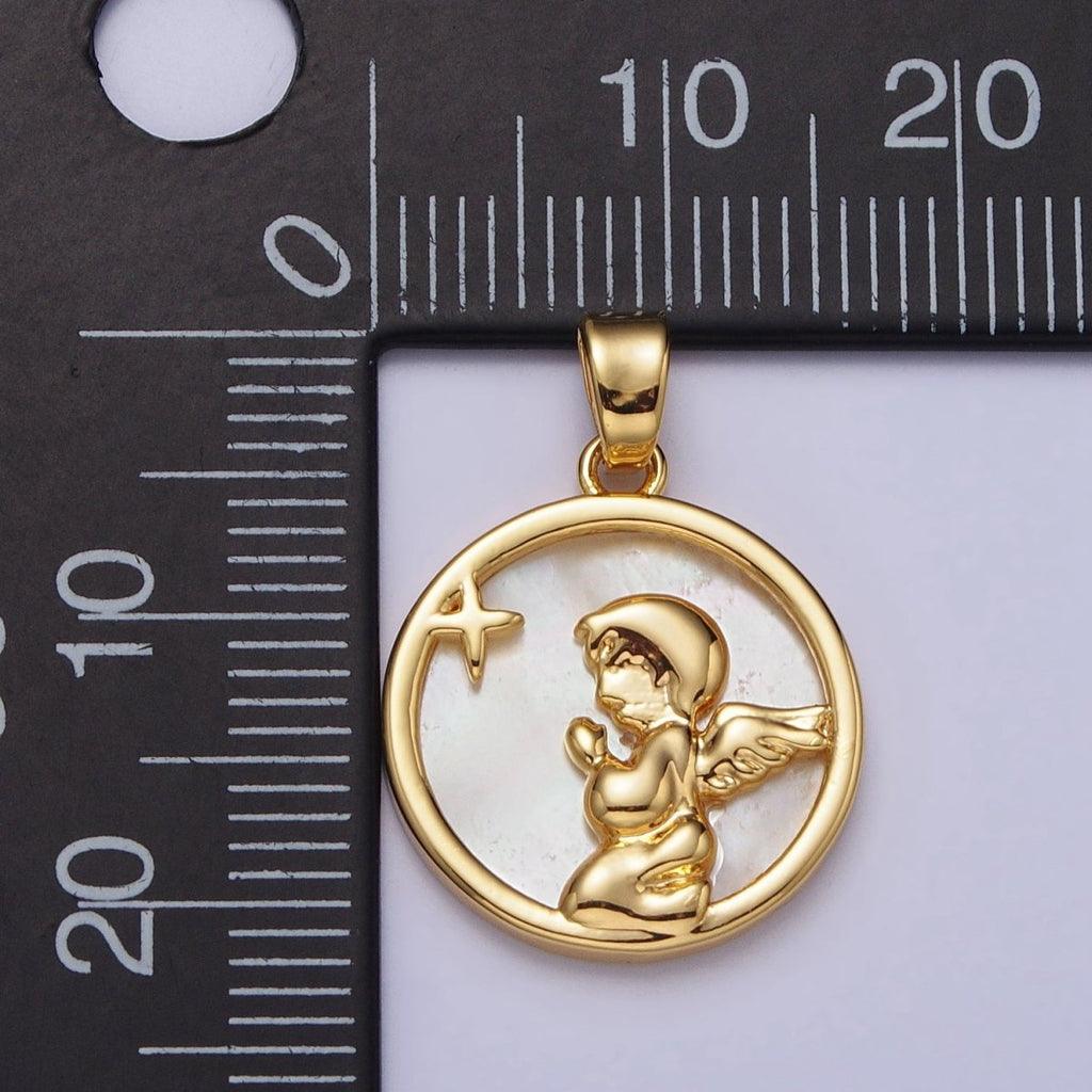 24K Gold plated Shell Pearl Star Cherub Baby Angel Round Pendant | AA112 - DLUXCA