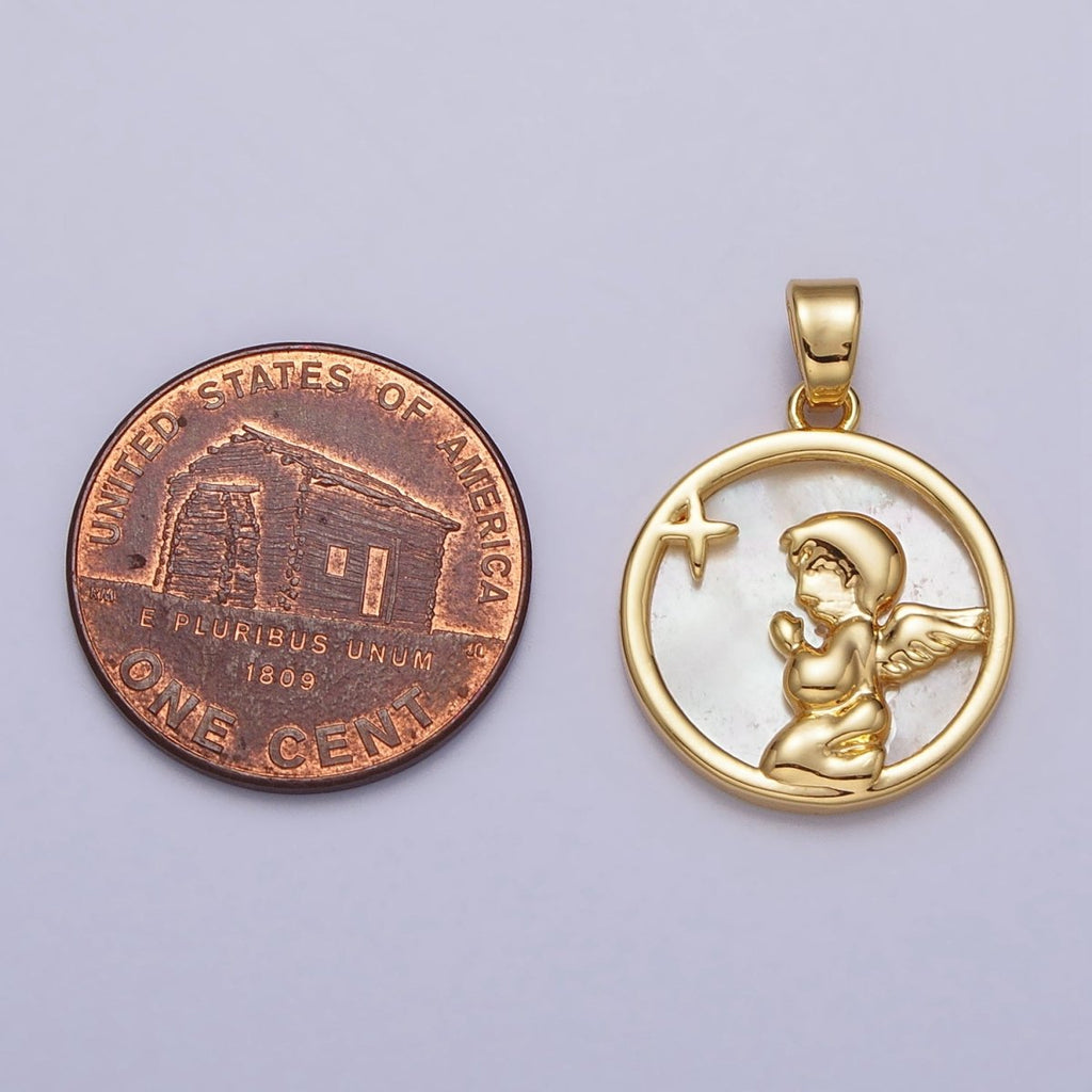 24K Gold plated Shell Pearl Star Cherub Baby Angel Round Pendant | AA112 - DLUXCA