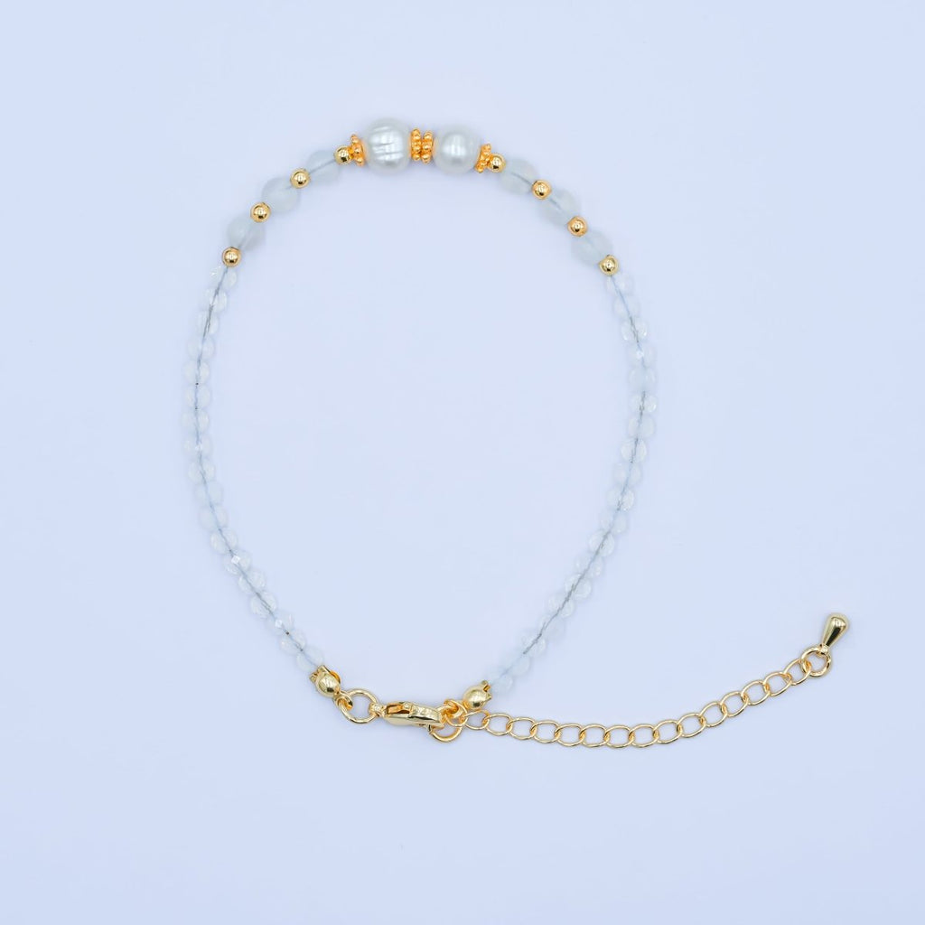 24K Gold plated Shell Pearl White Crystal Gemstone 7.5 Inch Bracelet | WA - 2891 