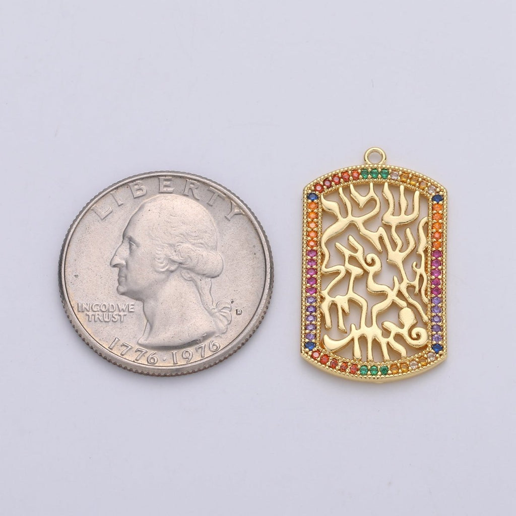 24K Gold plated Shema Yisroel Rectangular Bar Charm with Micro Pave Multi Color Rainbow Cubic Zirconia CZ Stone for Necklace or Bracelet C-862 - DLUXCA
