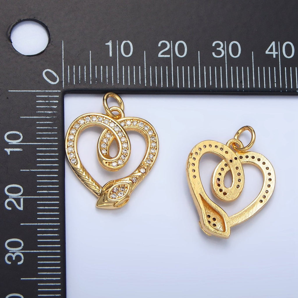 24K Gold plated Snake Serpent Heart Open Micro Paved CZ Charm | AC178 - DLUXCA