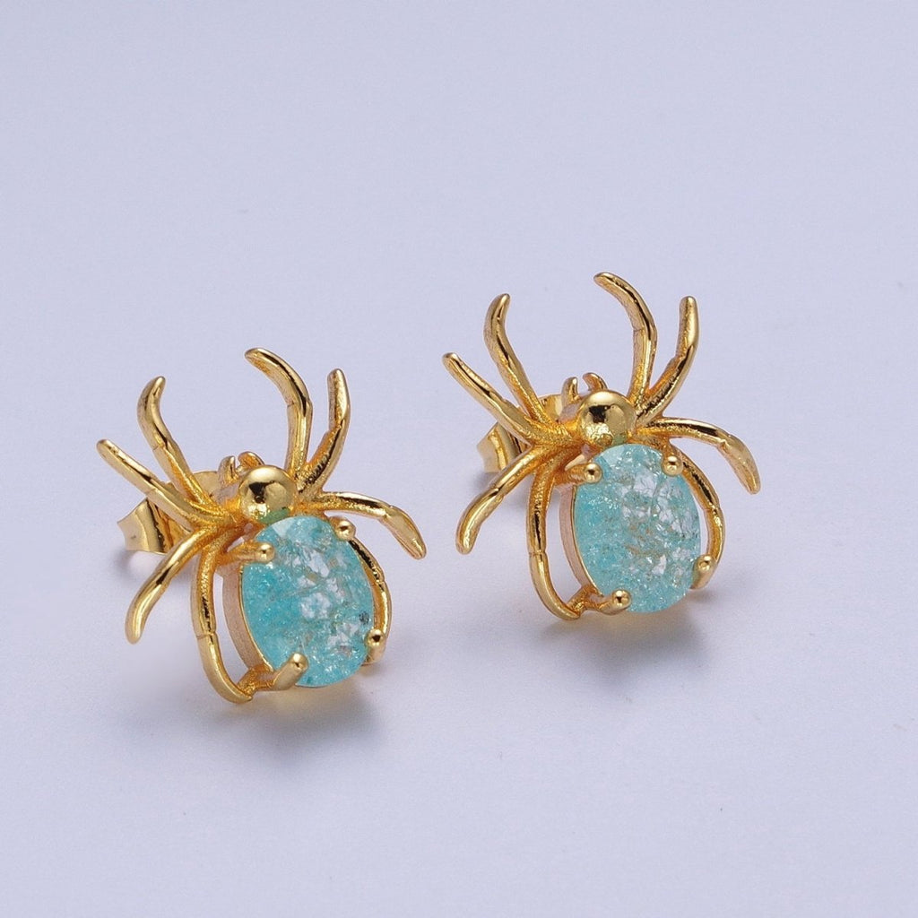 24K Gold plated Spider Earring Blue Cubic Zirconia Gold Spider Stud Earrings for Halloween | AE-1015 - DLUXCA