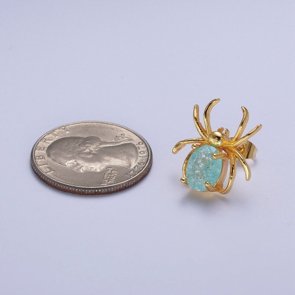 24K Gold plated Spider Earring Blue Cubic Zirconia Gold Spider Stud Earrings for Halloween | AE-1015 - DLUXCA