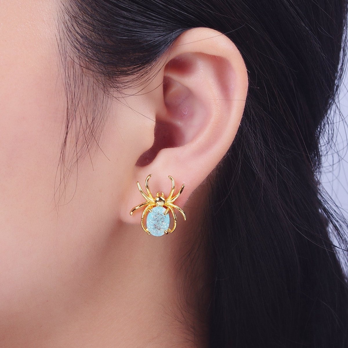 24K Gold plated Spider Earring Blue Cubic Zirconia Gold Spider Stud Earrings for Halloween | AE-1015 - DLUXCA