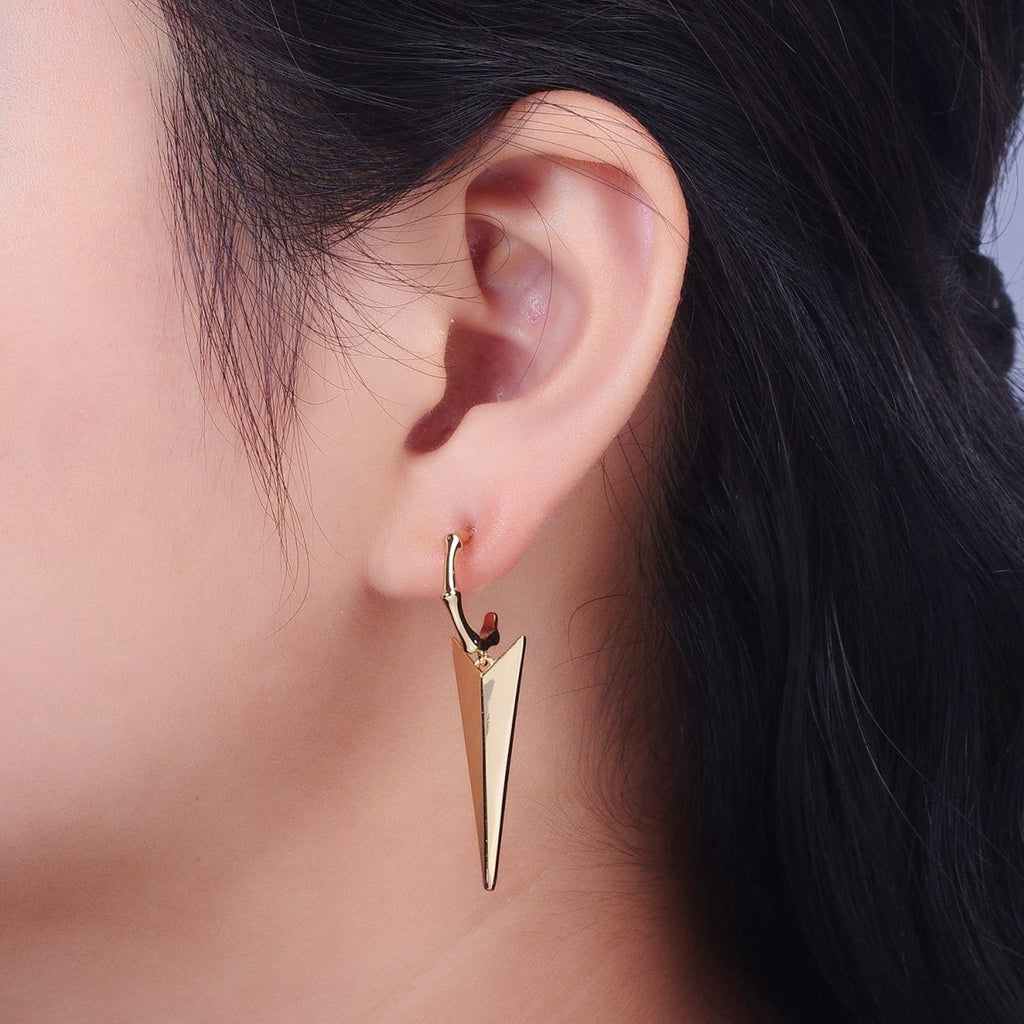 24K Gold plated Spiked Drop Bamboo C Shaped Hoop Geometric Stud Earrings | V-005 - DLUXCA