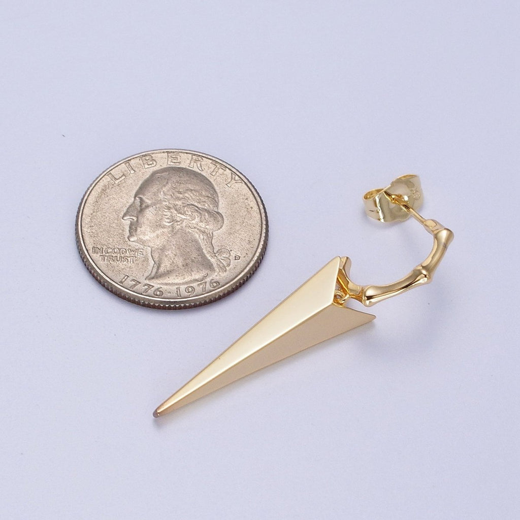 24K Gold plated Spiked Drop Bamboo C Shaped Hoop Geometric Stud Earrings | V-005 - DLUXCA