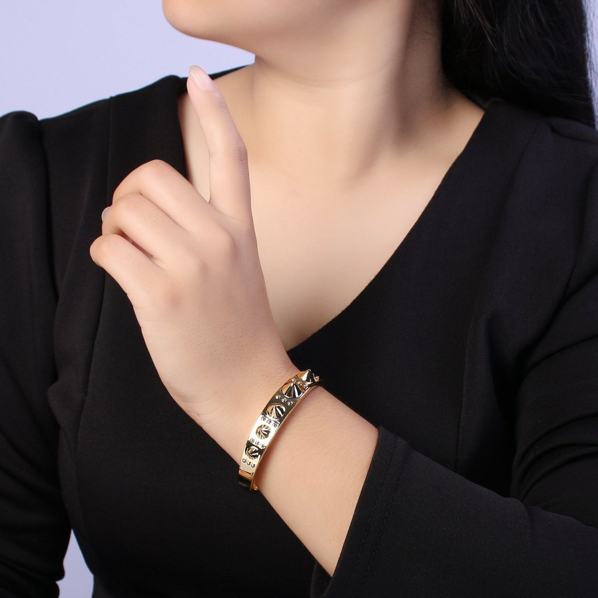 24K Gold plated Spiked Triple Dotted Lined Bangle Cuff Bracelet | WA-361 Clearance Pricing - DLUXCA