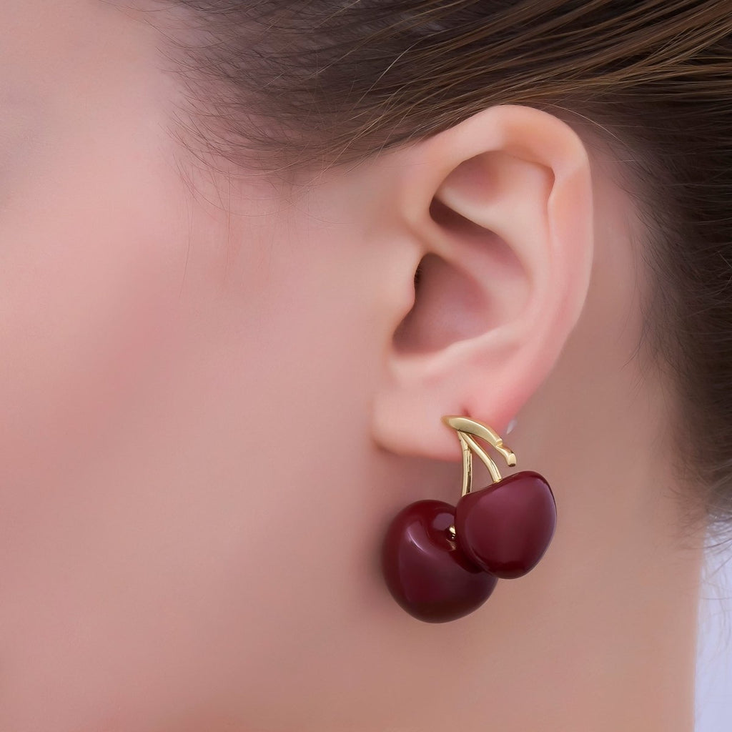 24K Gold plated Spring Red Cherry Drop Stud Earrings | AB422 - DLUXCA