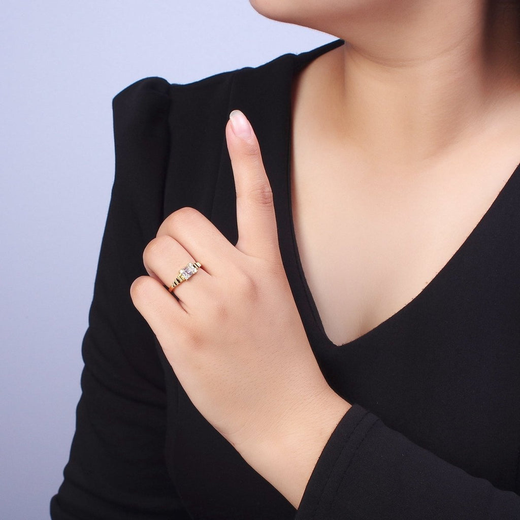 24K Gold plated Square Baguette Cubic Zirconia Bubble Adjustable Gold Ring | X-582 - DLUXCA