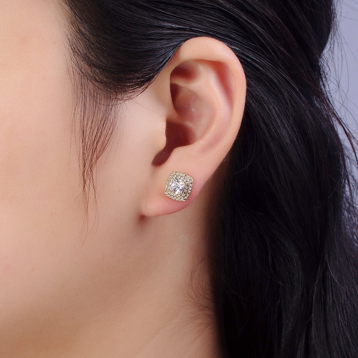 24K Gold plated Square Clear CZ Micro Paved Stud Rhombus Earrings | AB331 - DLUXCA