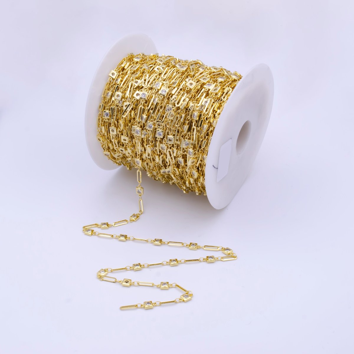 24k Gold plated Square CZ Satellites Chain by Yard Wholesale Gold Station Chain CZ Bezel Cut Chain for Jewelry Making | ROLL-786 Clearance Pricing - DLUXCA