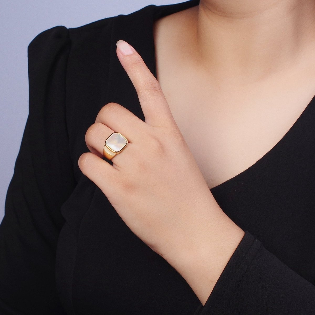 24K Gold plated Square Shell Signet Adjustable Gold Ring | X-571 - DLUXCA