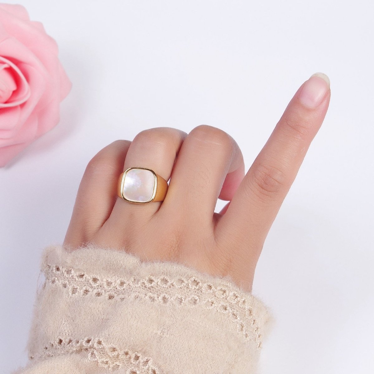 24K Gold plated Square Shell Signet Adjustable Gold Ring | X-571 - DLUXCA