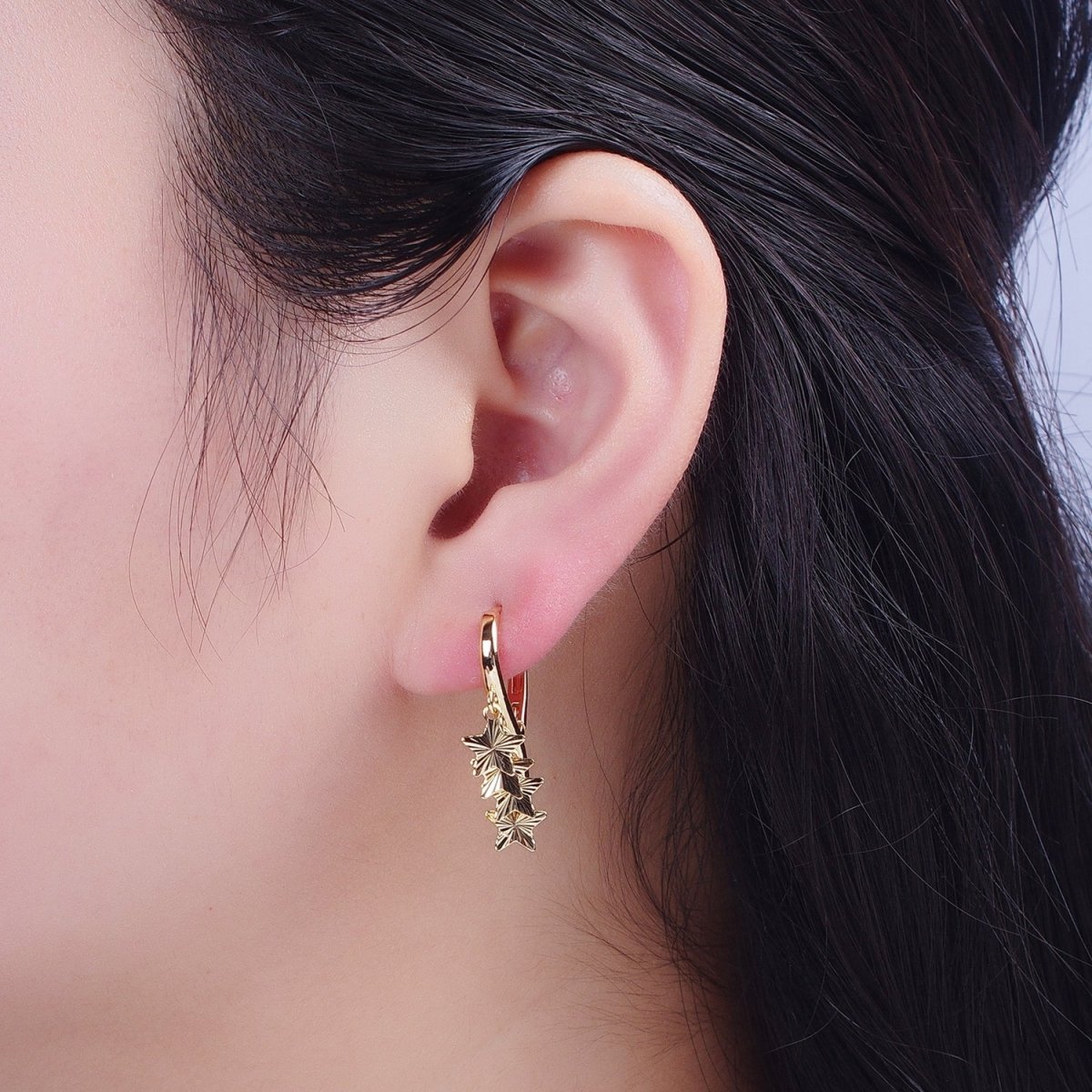 24K Gold plated Starburst Celestial Star Charm Dangle on Teardrop Huggie Hoop Earrings T-181 - DLUXCA