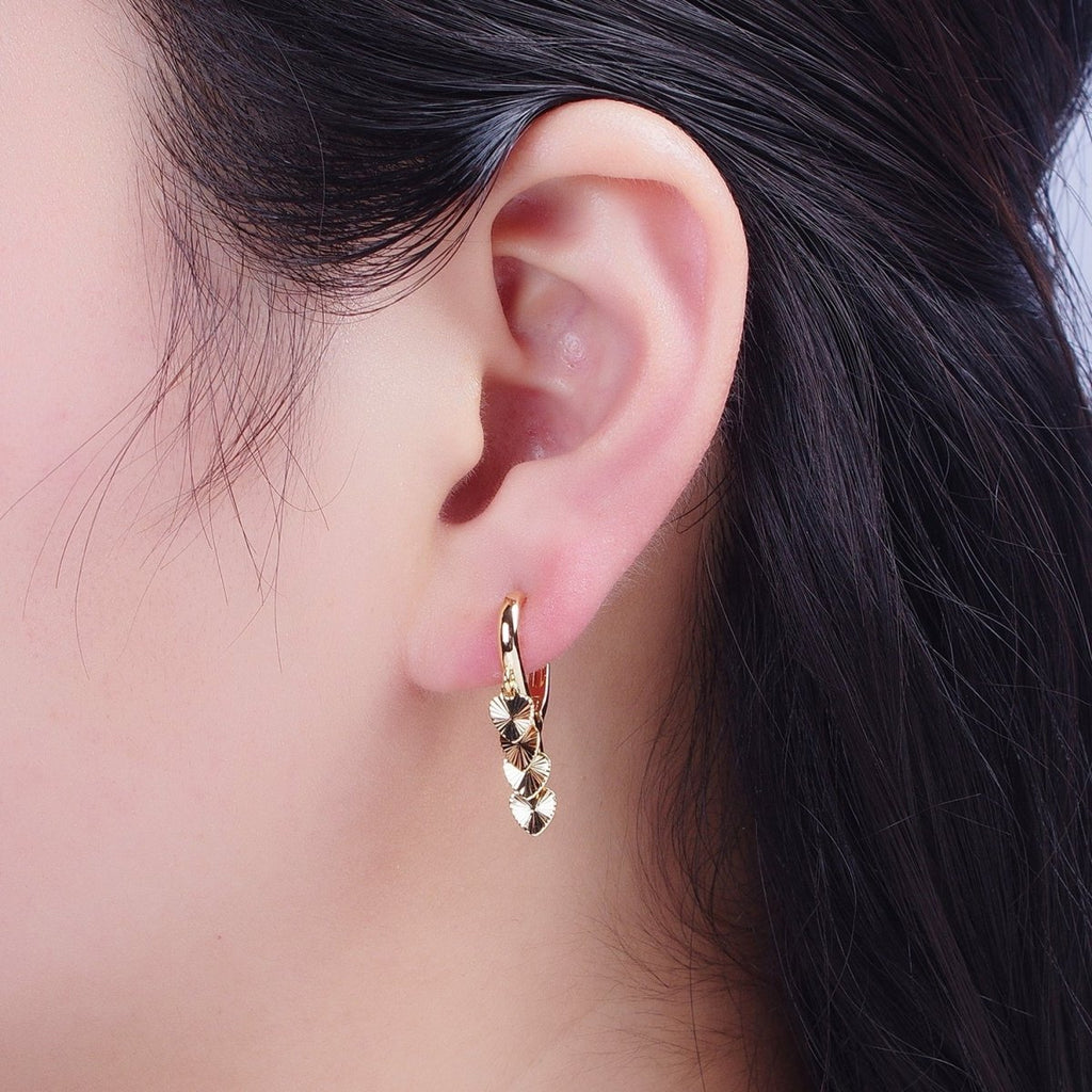 24K Gold plated Starburst Heart Love Dangle on Teardrop Huggie Hoop Earrings T-180 - DLUXCA