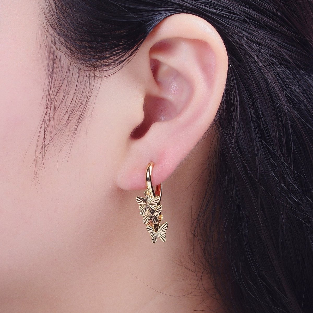 24K Gold plated Starburst Mariposa Butterfly Dangle on Teardrop Huggie Hoop Earrings T-183 - DLUXCA