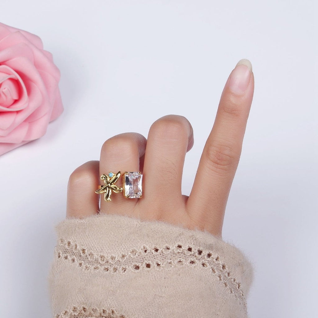 24K Gold plated Starfish Turquoise Clear Baguette CZ Open Claw Ring | O1238 - DLUXCA