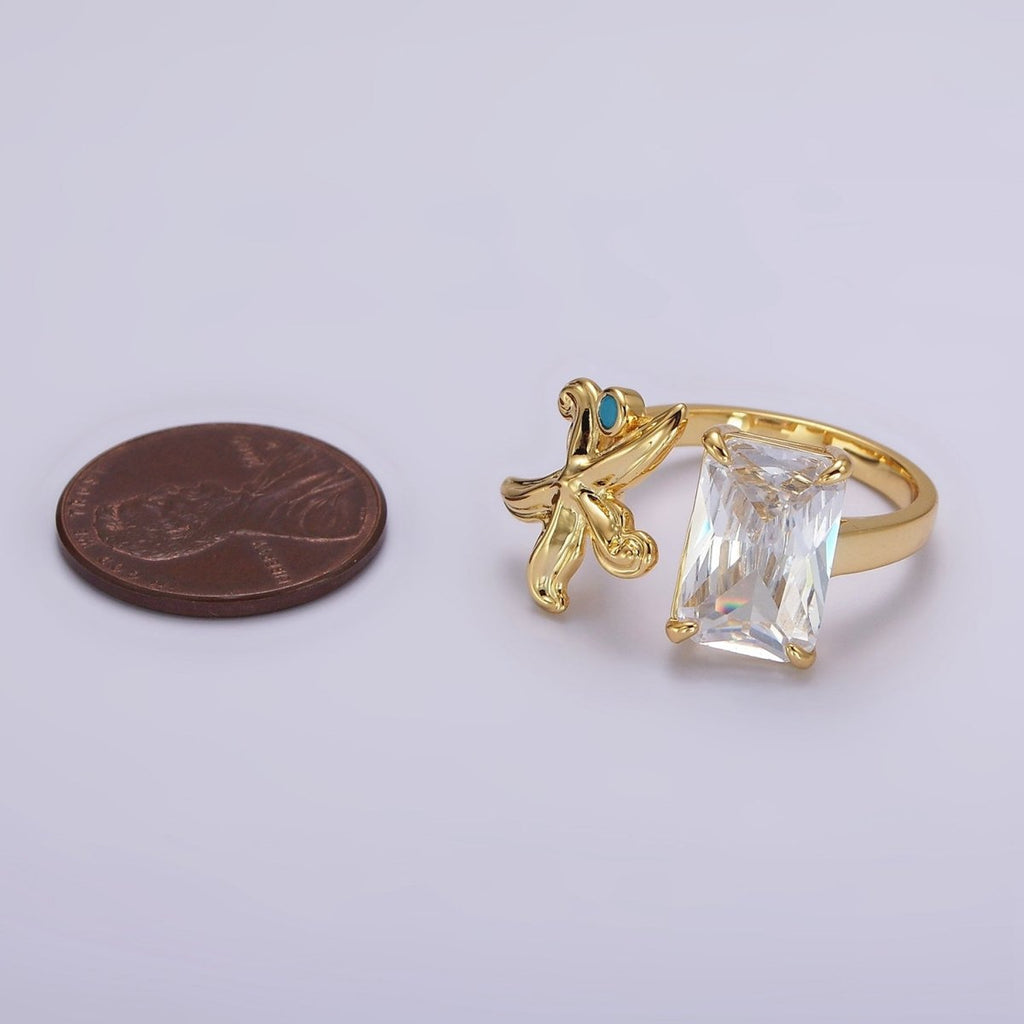 24K Gold plated Starfish Turquoise Clear Baguette CZ Open Claw Ring | O1238 - DLUXCA