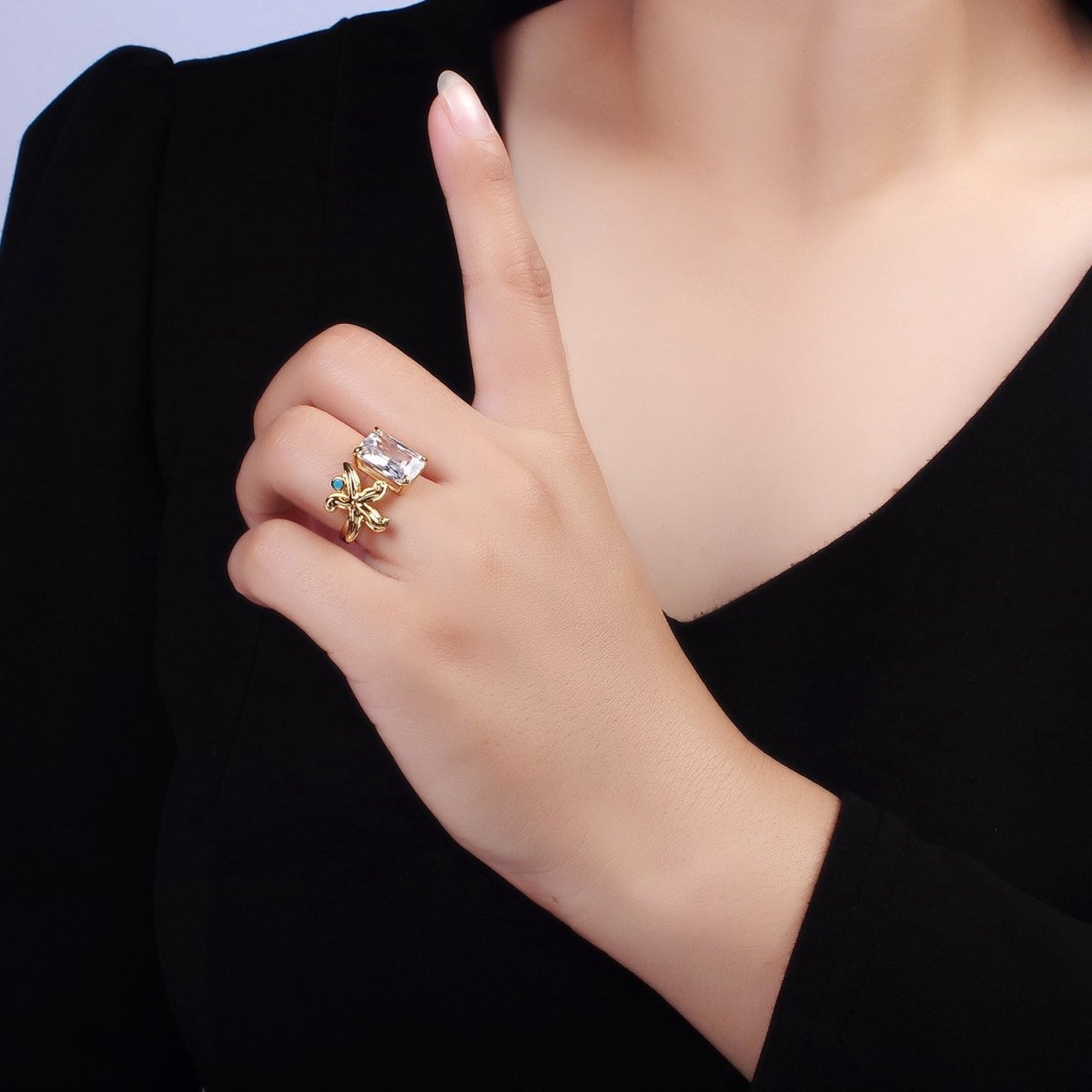 24K Gold plated Starfish Turquoise Clear Baguette CZ Open Claw Ring | O1238 - DLUXCA