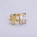 24K Gold plated Starfish Turquoise Clear Baguette CZ Open Claw Ring | O1238 - DLUXCA