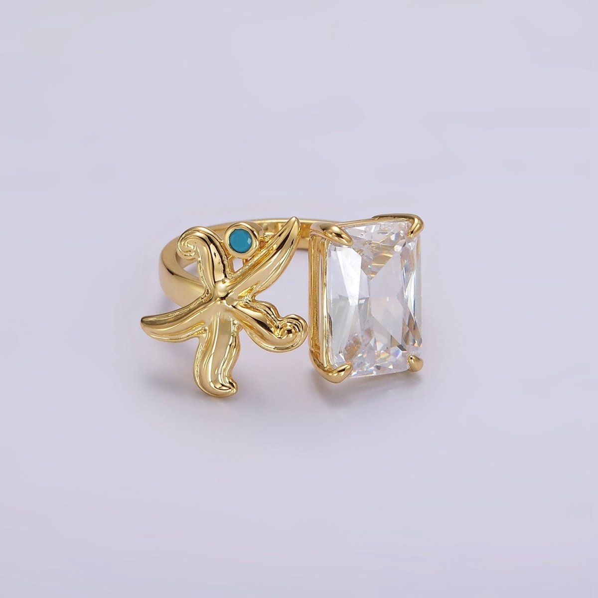 24K Gold plated Starfish Turquoise Clear Baguette CZ Open Claw Ring | O1238 - DLUXCA