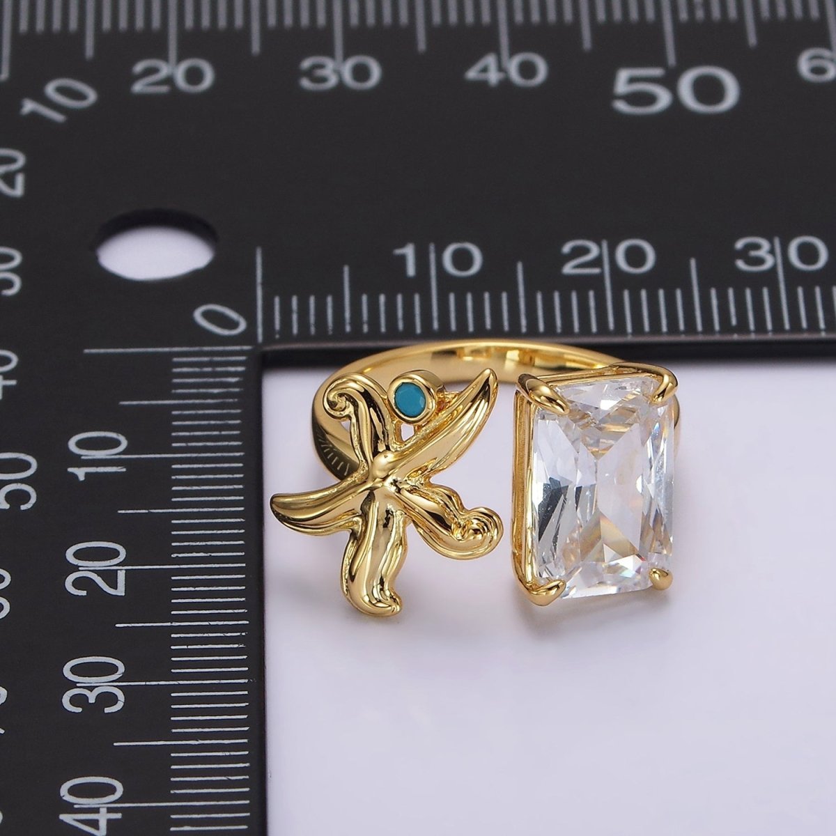 24K Gold plated Starfish Turquoise Clear Baguette CZ Open Claw Ring | O1238 - DLUXCA