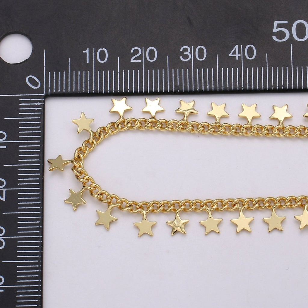24K Gold plated Stars Charmed Chain By Yard, Wholesale Twisted Curb Chain, Unfinished CURB DESIGNED Chain For Jewelry Making | ROLL-353 Clearance Pricing - DLUXCA