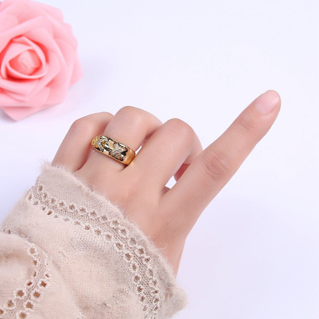 24K Gold plated Statement X Crystal Zirconia CZ Adjustable Ring U-411 - DLUXCA