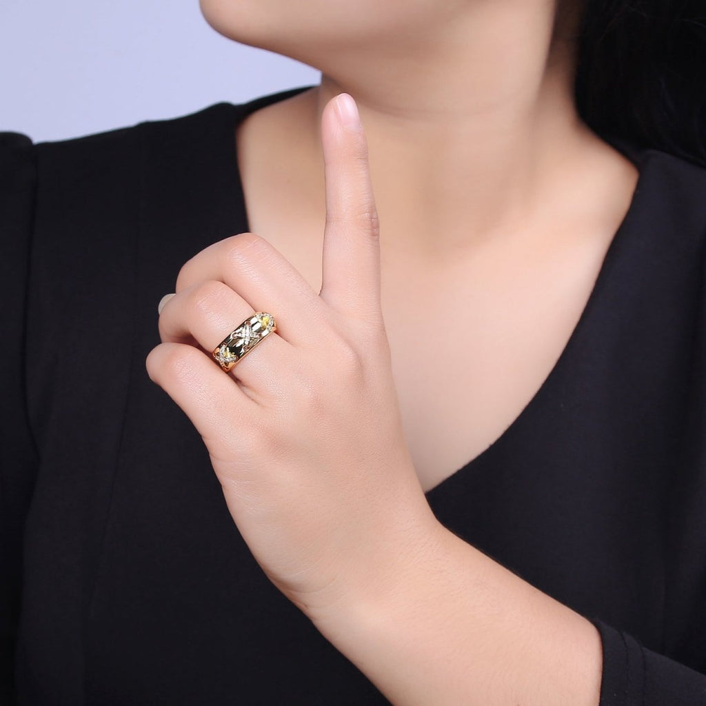 24K Gold plated Statement X Crystal Zirconia CZ Adjustable Ring U-411 - DLUXCA