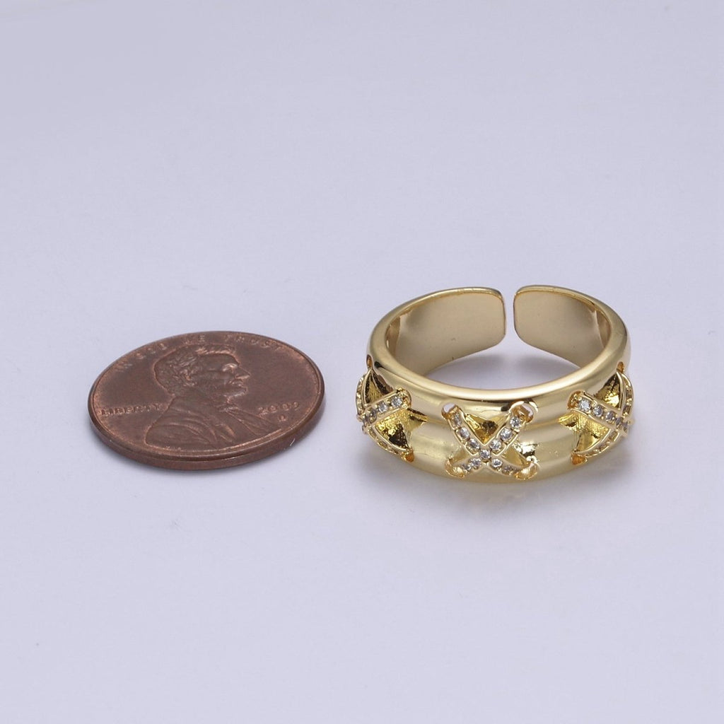 24K Gold plated Statement X Crystal Zirconia CZ Adjustable Ring U-411 - DLUXCA