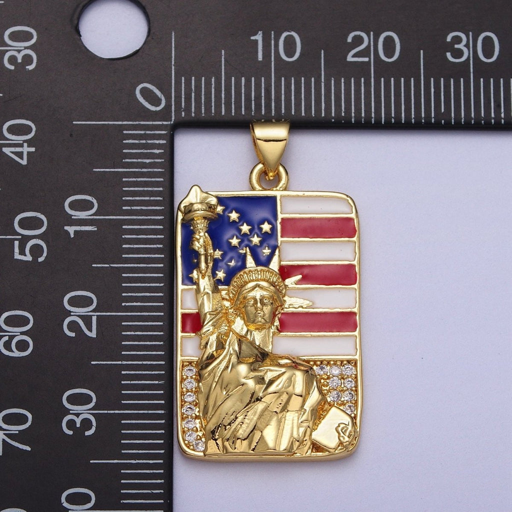 24K Gold plated Statue of Liberty American Flag Enamel Micro Paved Tag Pendant I-281 - DLUXCA