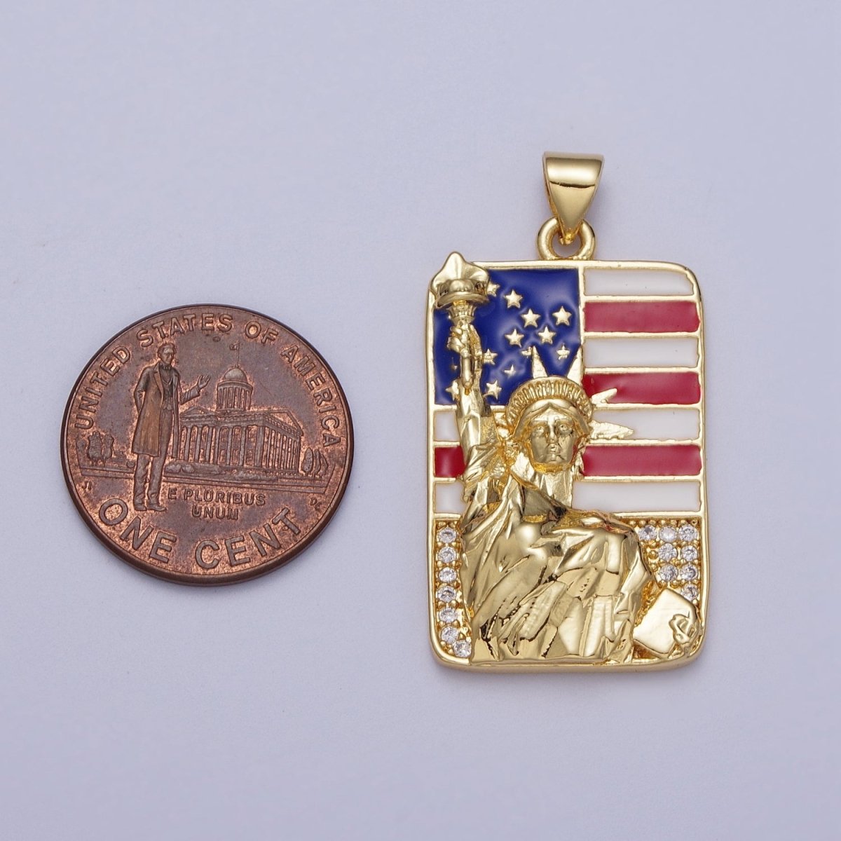 24K Gold plated Statue of Liberty American Flag Enamel Micro Paved Tag Pendant I-281 - DLUXCA