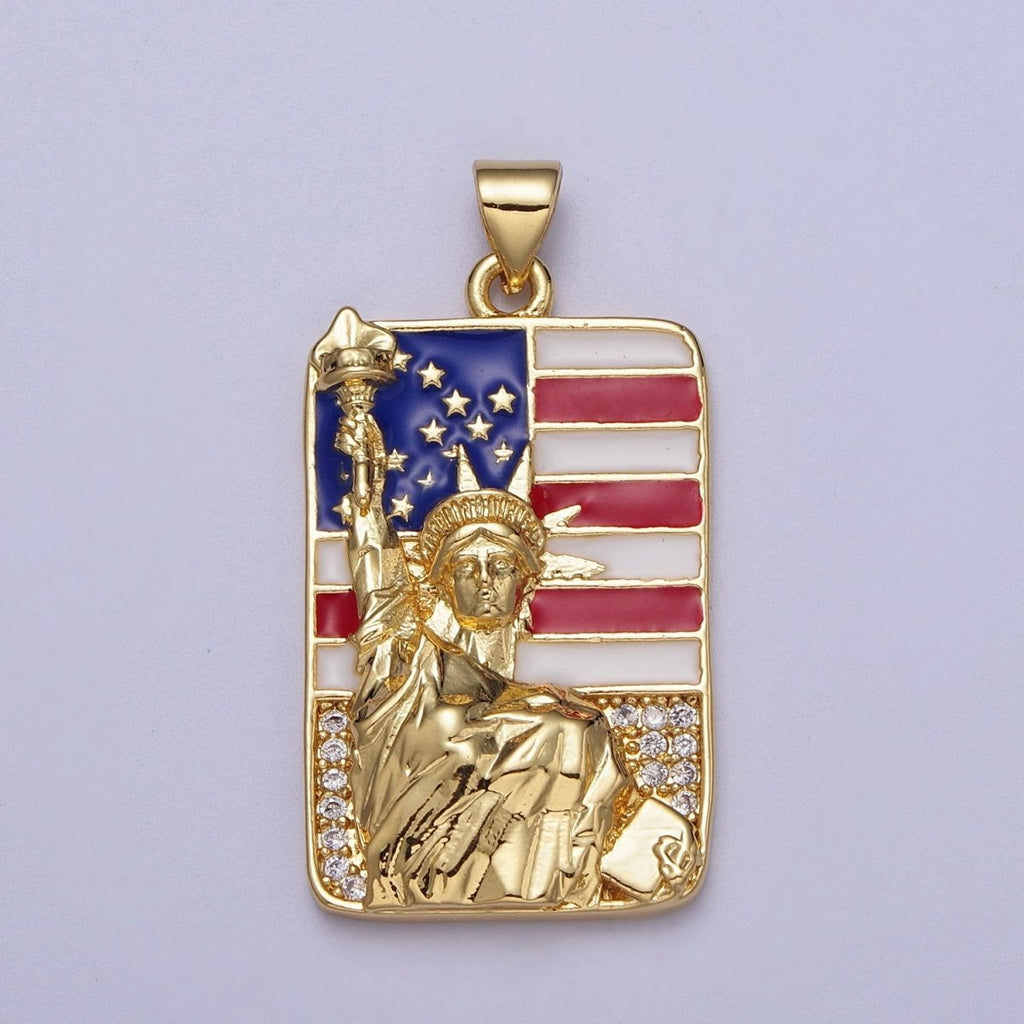24K Gold plated Statue of Liberty American Flag Enamel Micro Paved Tag Pendant I-281 - DLUXCA