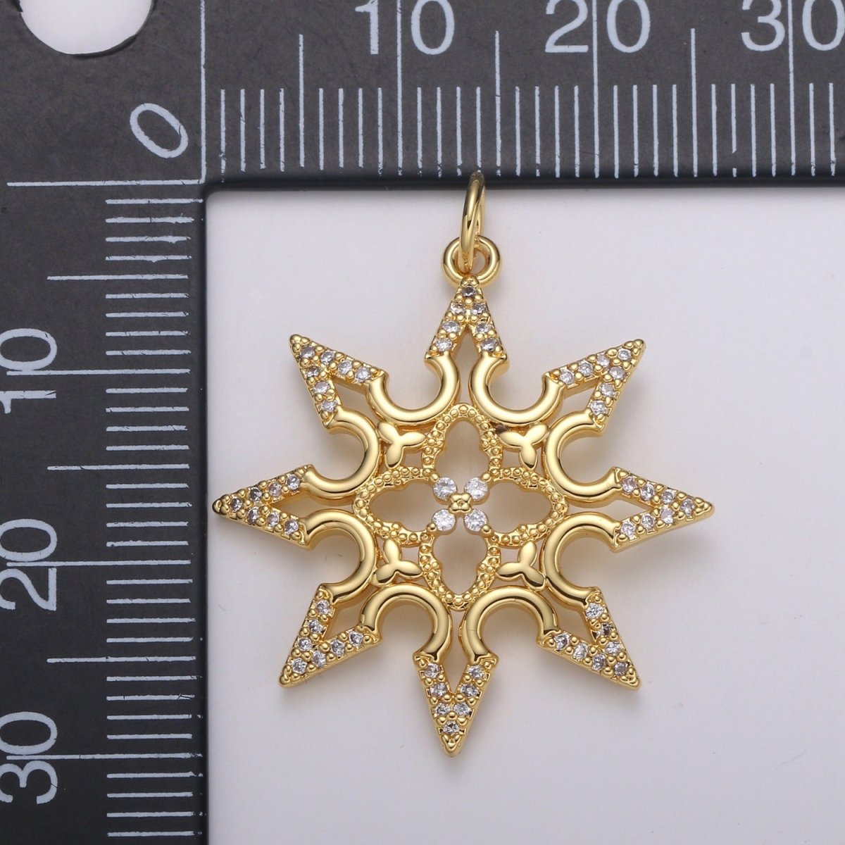 24K Gold plated Sun CZ Pendant, Micro Pave Cubic Zirconia Star Sun Burst Charm, Celestial Charm 31x25mm E-211 - DLUXCA