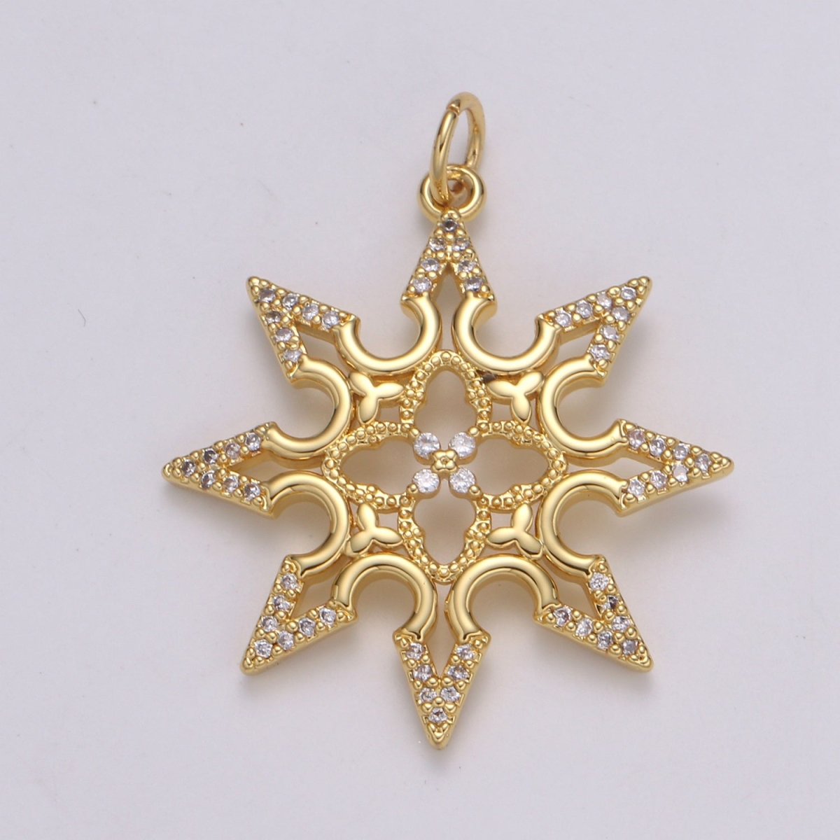 24K Gold plated Sun CZ Pendant, Micro Pave Cubic Zirconia Star Sun Burst Charm, Celestial Charm 31x25mm E-211 - DLUXCA