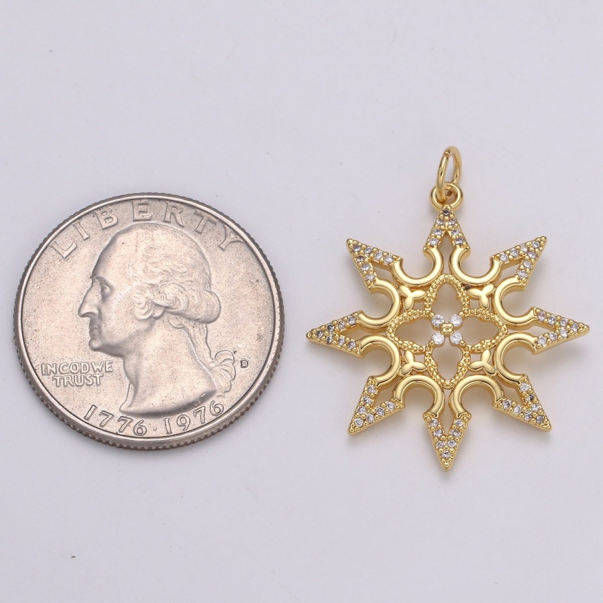 24K Gold plated Sun CZ Pendant, Micro Pave Cubic Zirconia Star Sun Burst Charm, Celestial Charm 31x25mm E-211 - DLUXCA