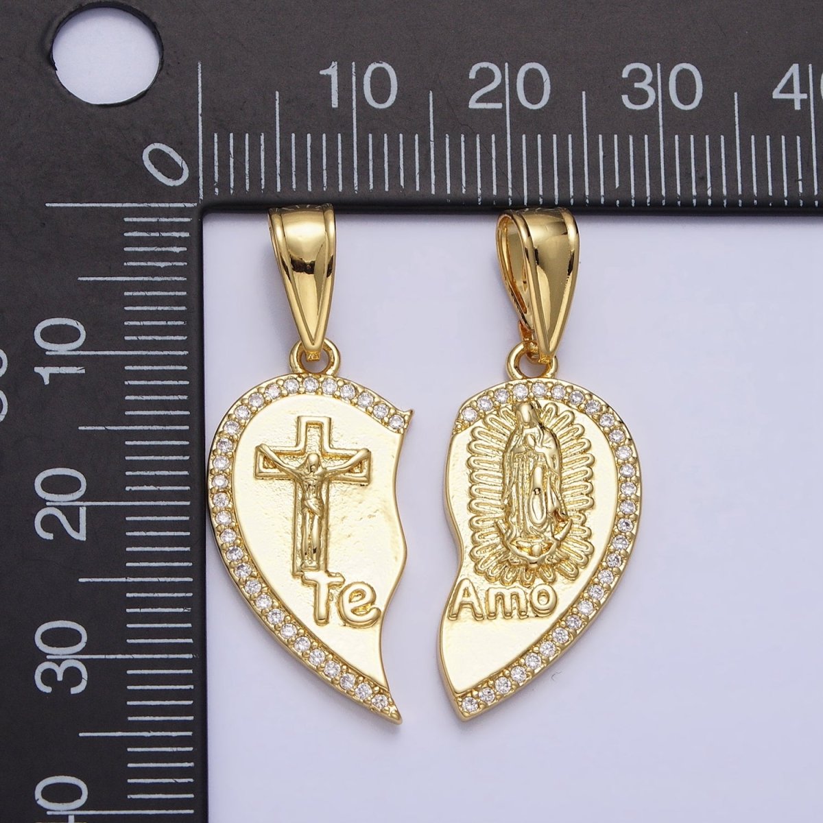 24K Gold plated "Te Amo" Crucifix Cross, Virgin Mary Religious Breakable Heart Pendant | AA227 AA228