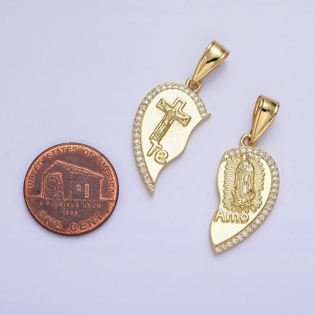 24K Gold plated "Te Amo" Crucifix Cross, Virgin Mary Religious Breakable Heart Pendant | AA227 AA228