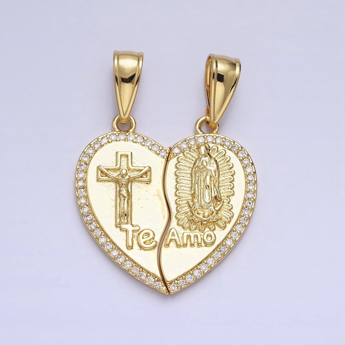 24K Gold plated "Te Amo" Crucifix Cross, Virgin Mary Religious Breakable Heart Pendant | AA227 AA228