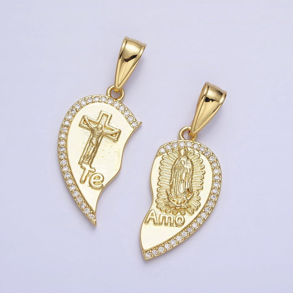 24K Gold plated "Te Amo" Crucifix Cross, Virgin Mary Religious Breakable Heart Pendant | AA227 AA228