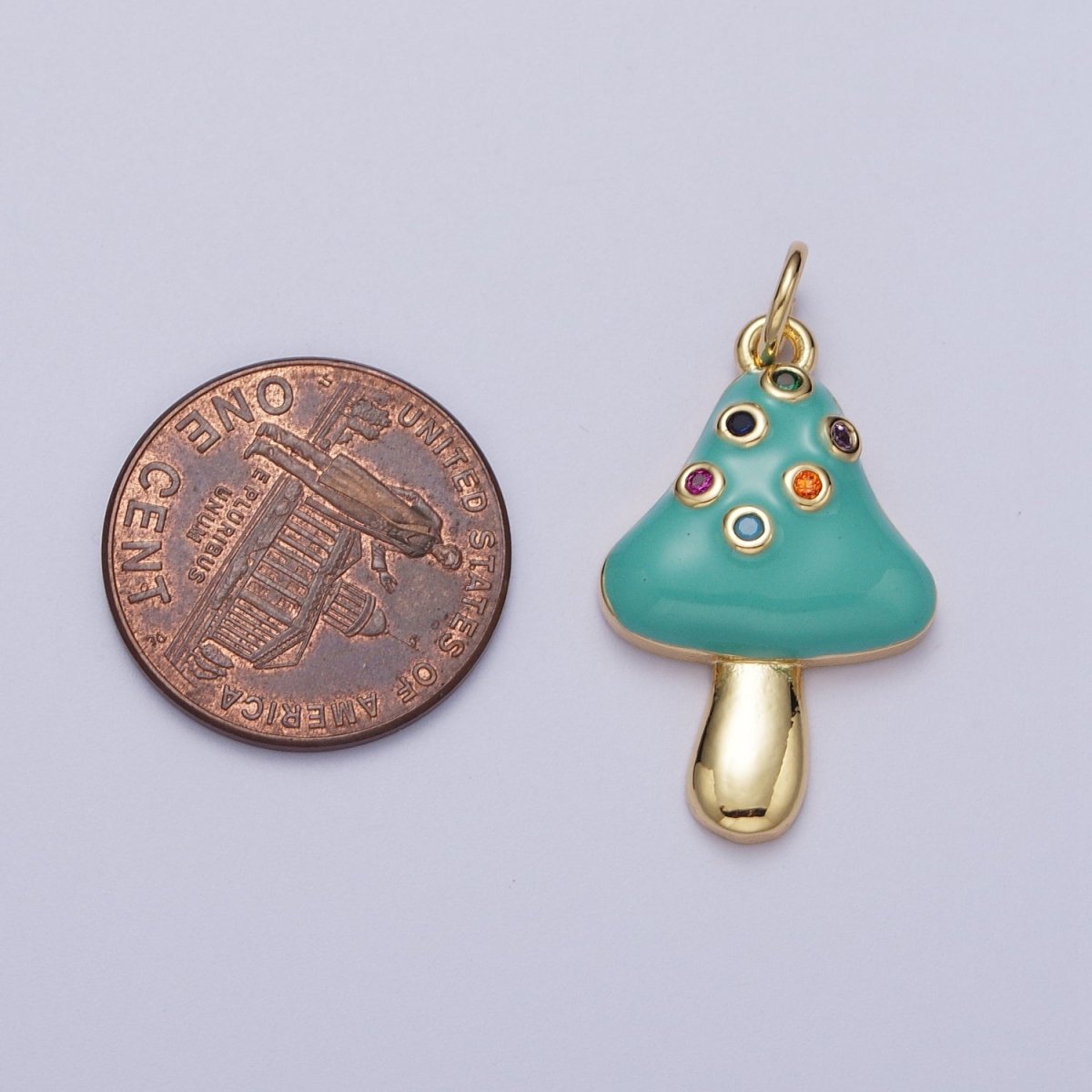 24K Gold plated Teal Mushroom Multicolor Round Cubic Zirconia Charm | C-222 - DLUXCA