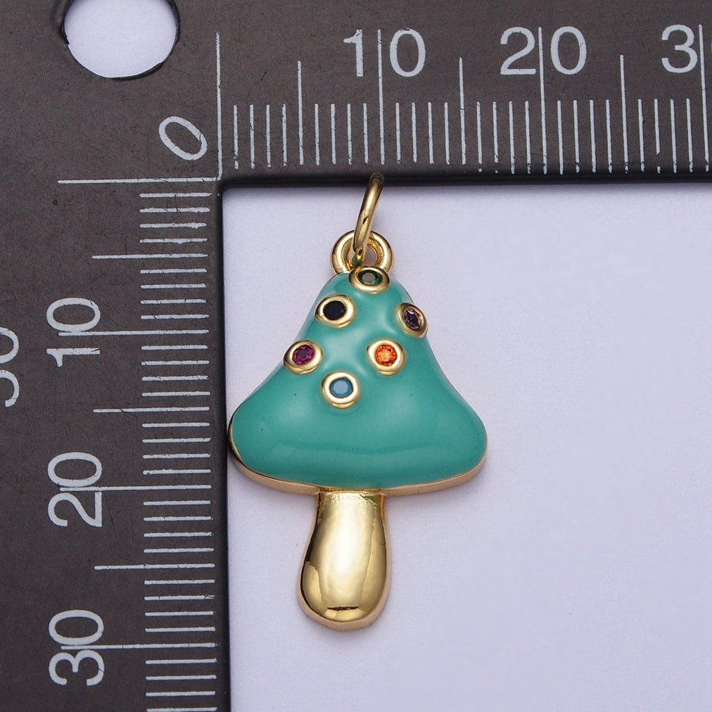 24K Gold plated Teal Mushroom Multicolor Round Cubic Zirconia Charm | C-222 - DLUXCA