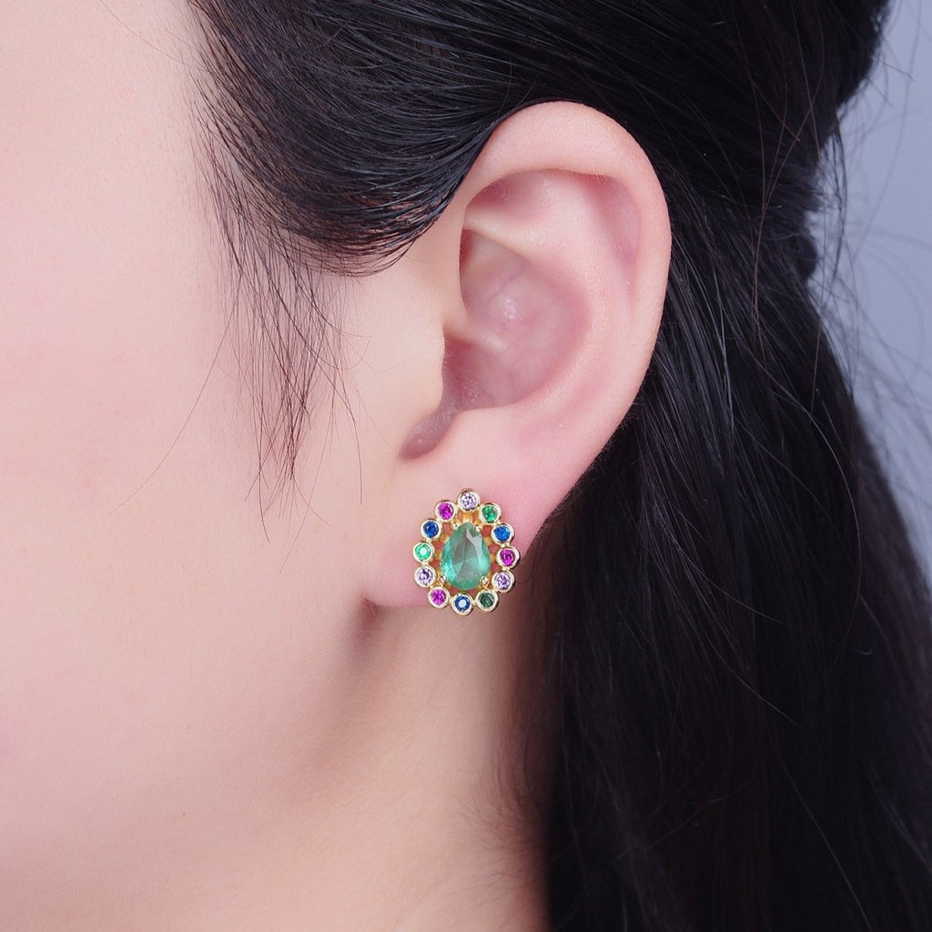 24K Gold plated Teal Teardrop CZ Studs, Multicolor Round Earrings V-448 - DLUXCA