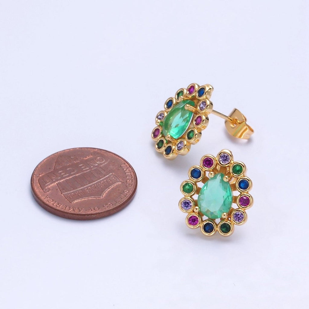 24K Gold plated Teal Teardrop CZ Studs, Multicolor Round Earrings V-448 - DLUXCA