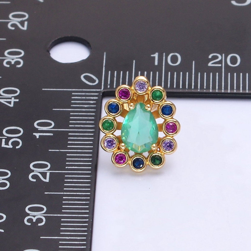 24K Gold plated Teal Teardrop CZ Studs, Multicolor Round Earrings V-448 - DLUXCA