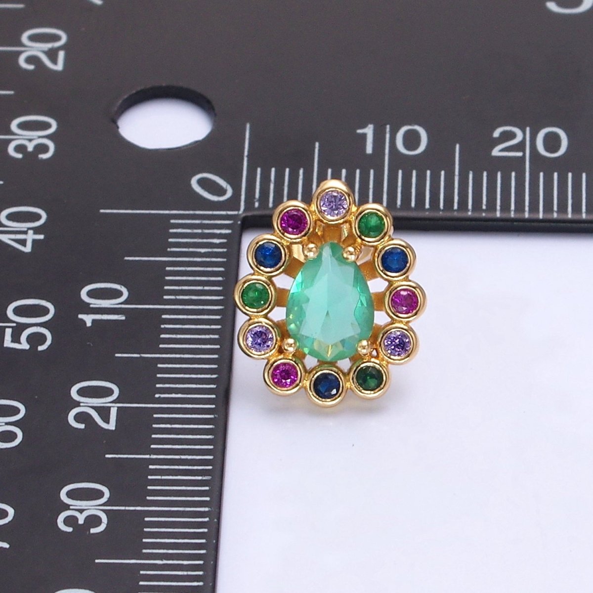 24K Gold plated Teal Teardrop CZ Studs, Multicolor Round Earrings V-448 - DLUXCA