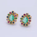 24K Gold plated Teal Teardrop CZ Studs, Multicolor Round Earrings V-448 - DLUXCA