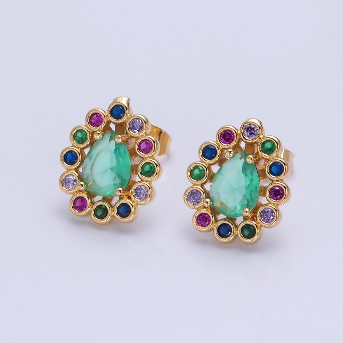 24K Gold plated Teal Teardrop CZ Studs, Multicolor Round Earrings V-448 - DLUXCA