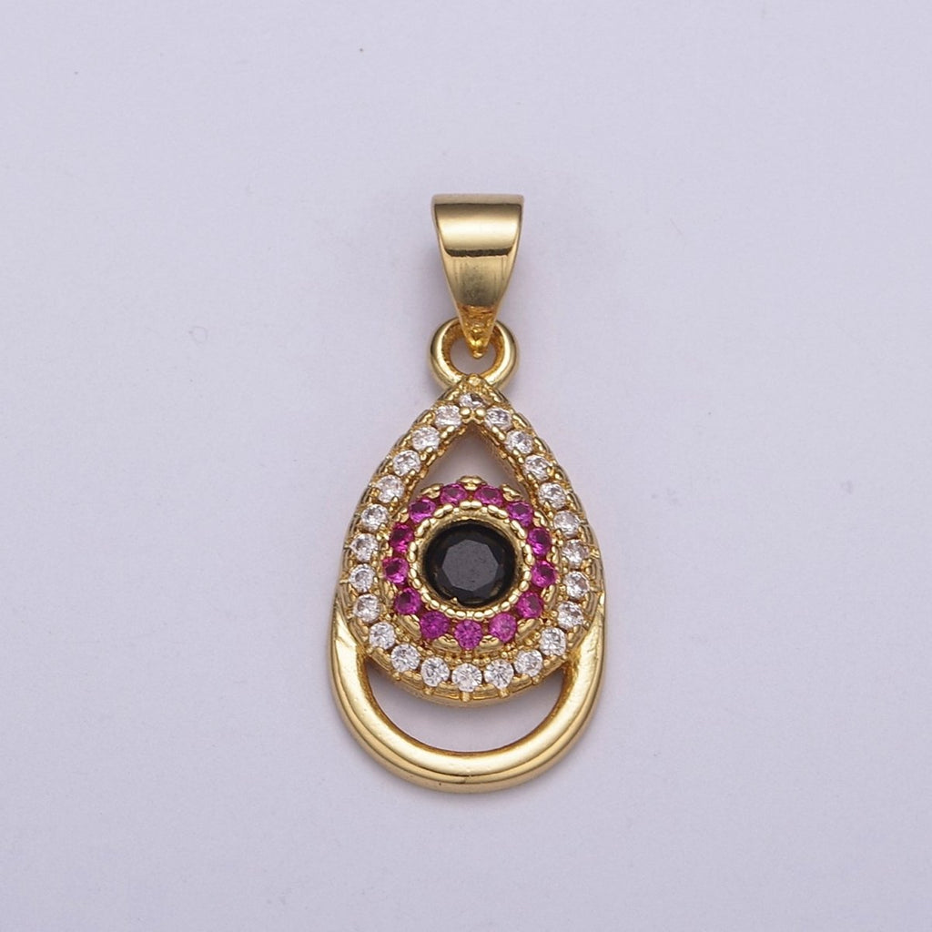 24K Gold plated Tear Drop Pendant Cubic Zirconia CZ Micro Pave Evil Eye Charm N-527 - DLUXCA