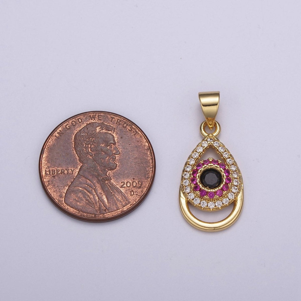 24K Gold plated Tear Drop Pendant Cubic Zirconia CZ Micro Pave Evil Eye Charm N-527 - DLUXCA